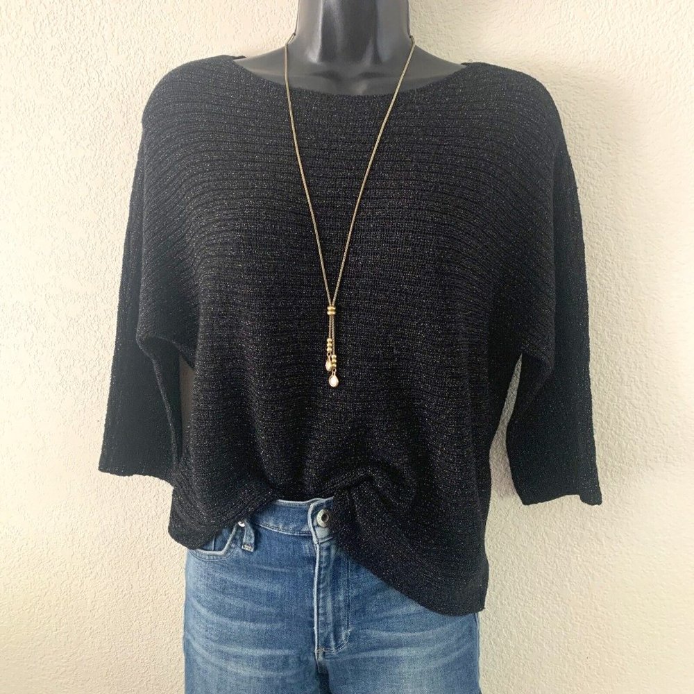 Eileen Fisher Top Size MP ¾ Sleeve Black Shimmer Wool Blend Lightweight Sweater